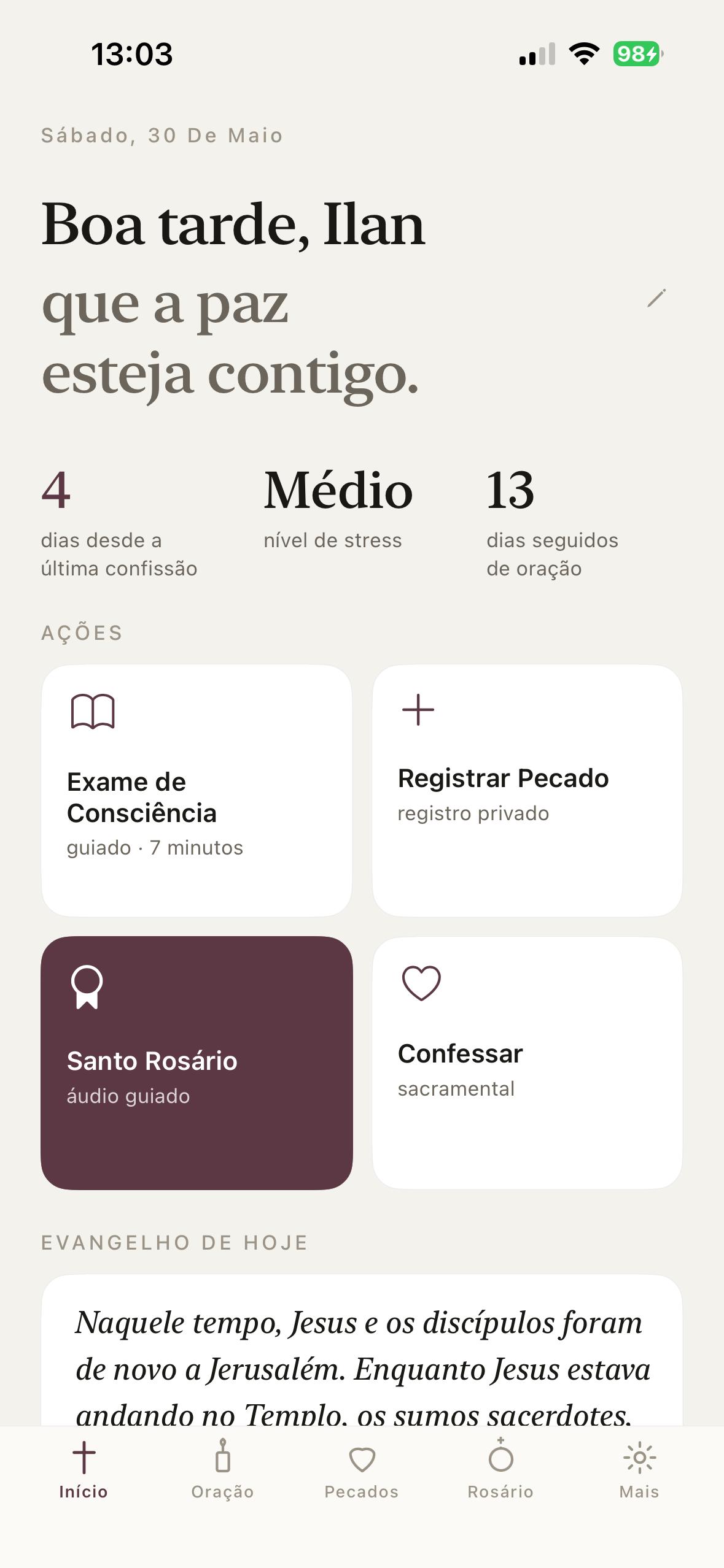 Tela inicial do Confessio